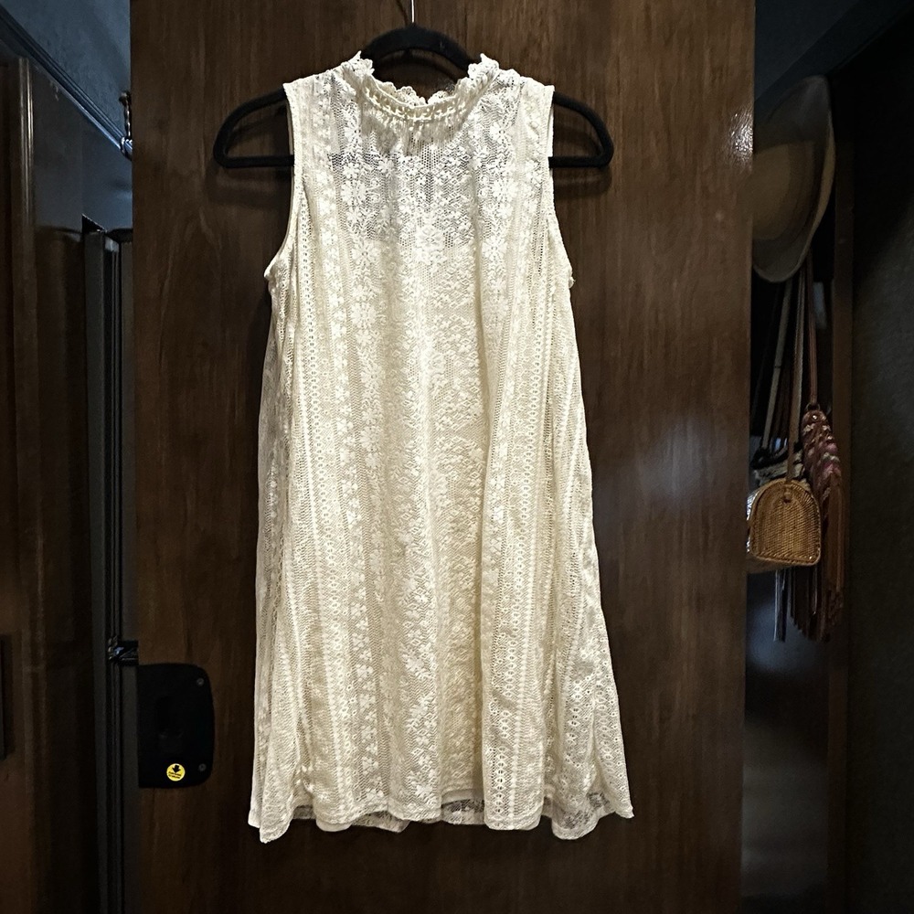 AUW Ivory Lace Sleeveless Mini Dress Size L Feminine Summer A-line Full Slip